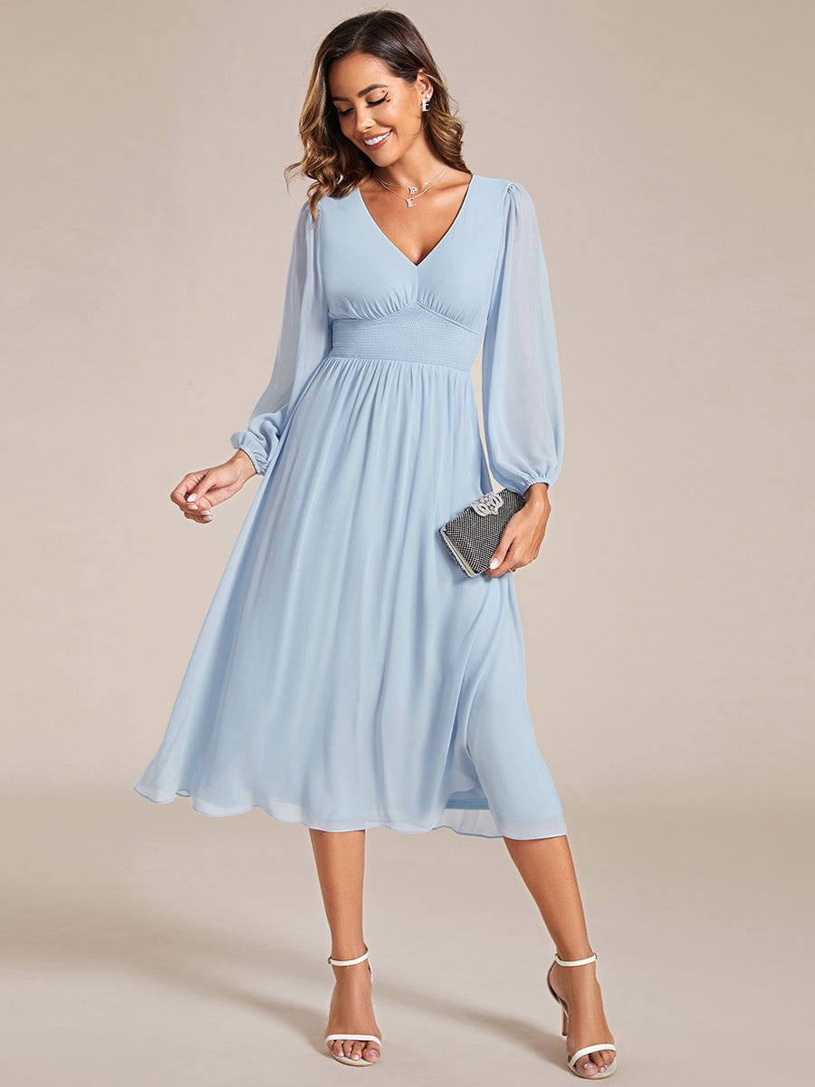 Elegant V Neck Long Sleeves Midi Wedding Guest Dress #color_Ice Blue