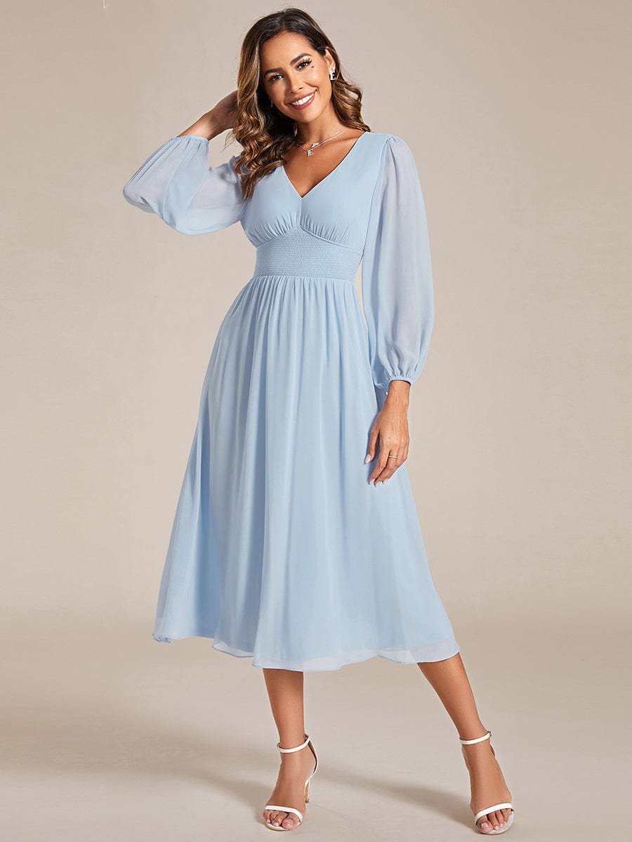 Elegant V Neck Long Sleeves Midi Wedding Guest Dress #color_Ice Blue