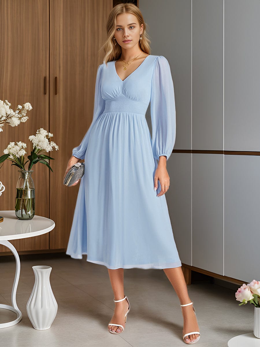 Elegant V Neck Long Sleeves Midi Wedding Guest Dress #color_Ice Blue