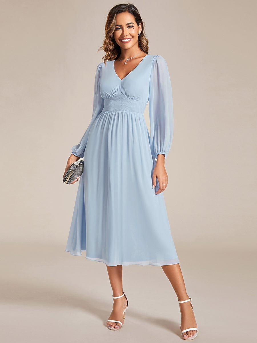 Elegant V Neck Long Sleeves Midi Wedding Guest Dress #color_Ice Blue