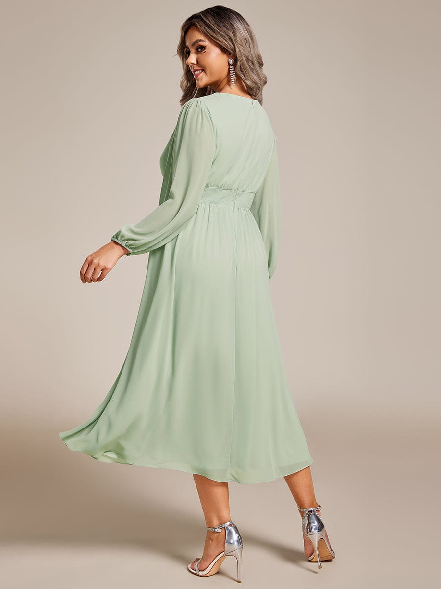 Elegant V Neck Long Sleeves Midi Wedding Guest Dress #color_Mint Green