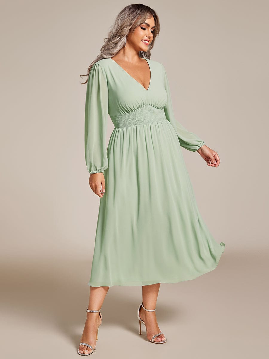 Plus Size Elegant V Neck Long Sleeves Midi Wedding Guest Dress #color_Mint Green