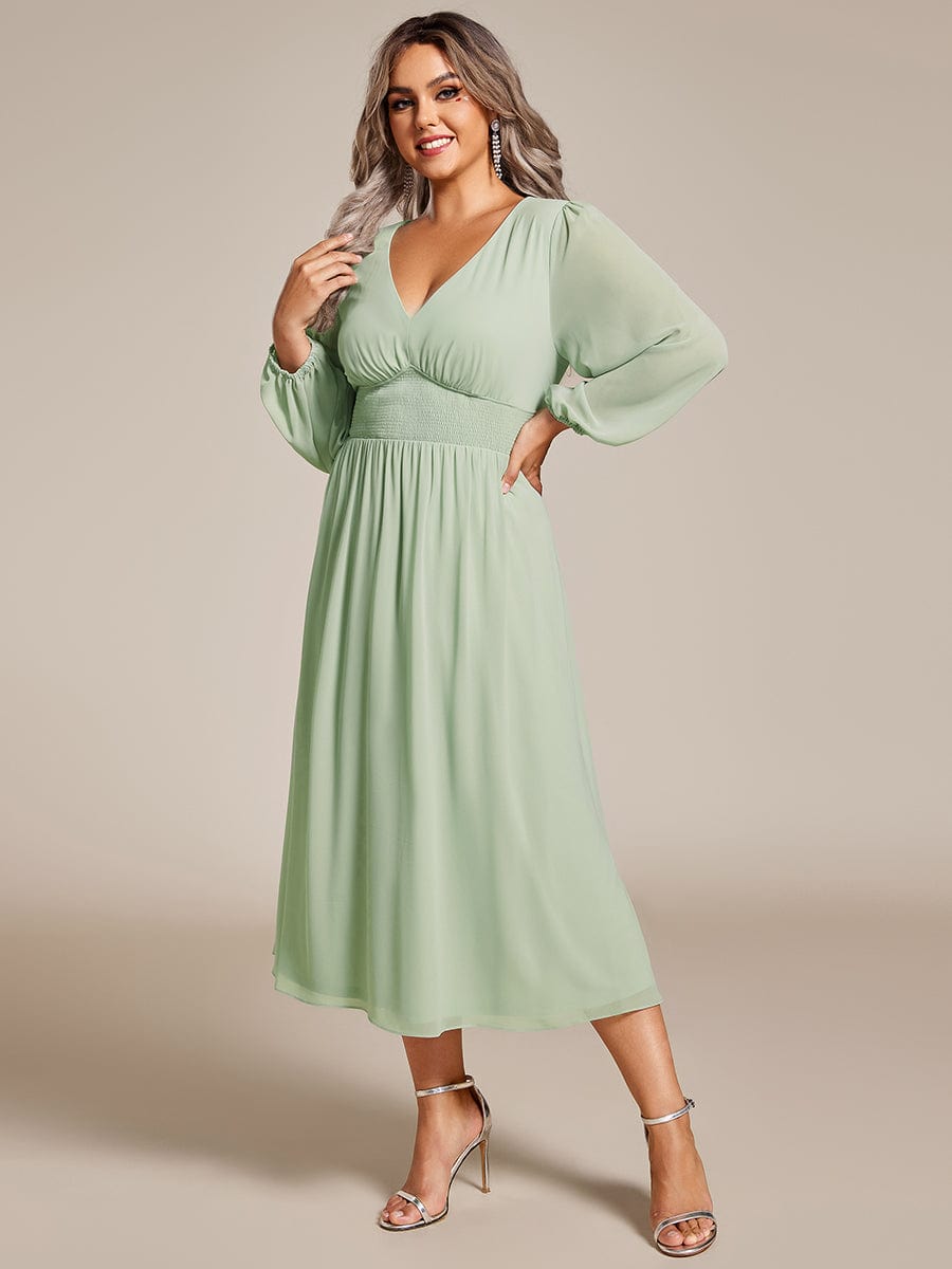 Elegant V Neck Long Sleeves Midi Wedding Guest Dress #color_Mint Green