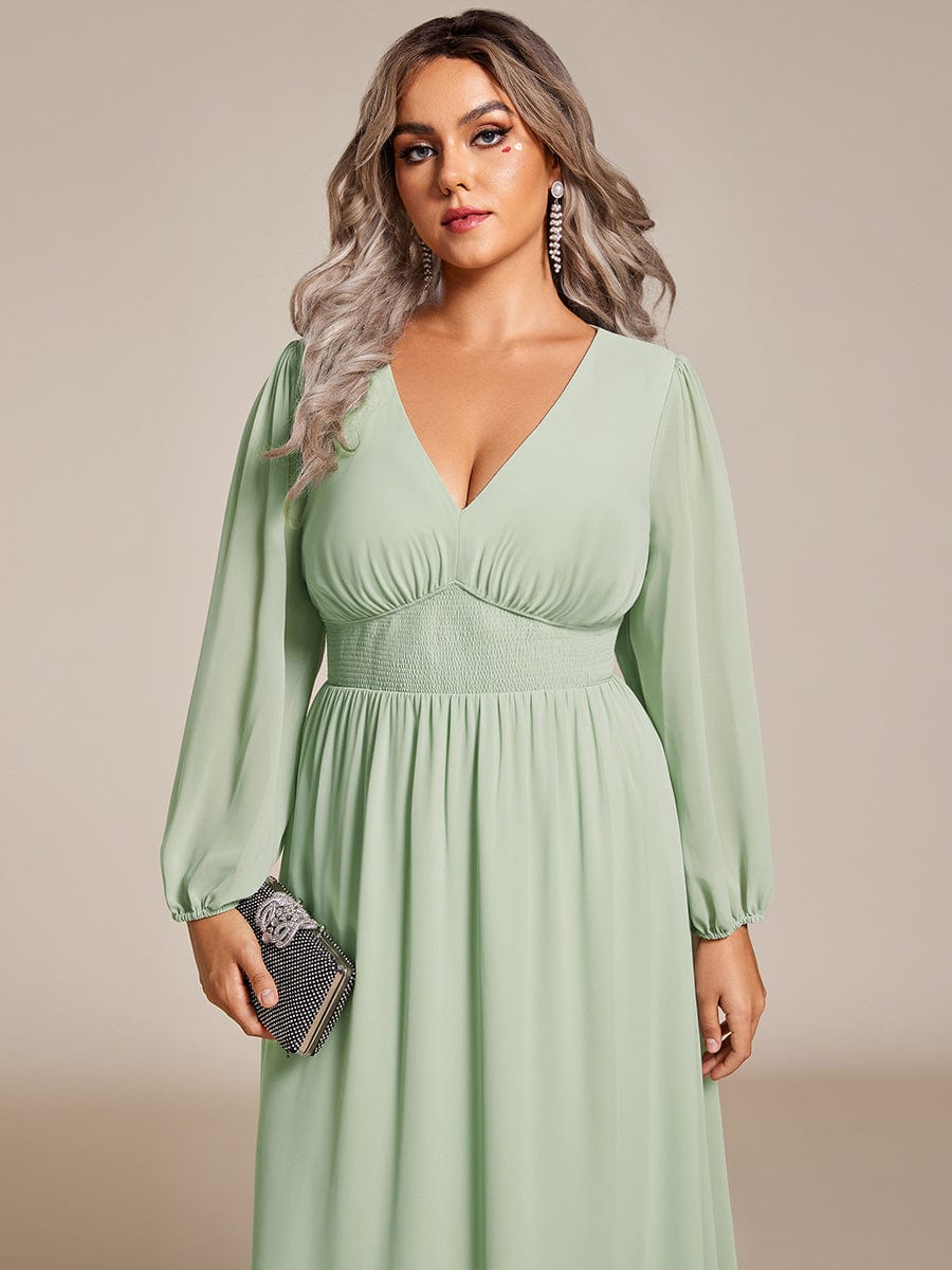 Elegant V Neck Long Sleeves Midi Wedding Guest Dress #color_Mint Green