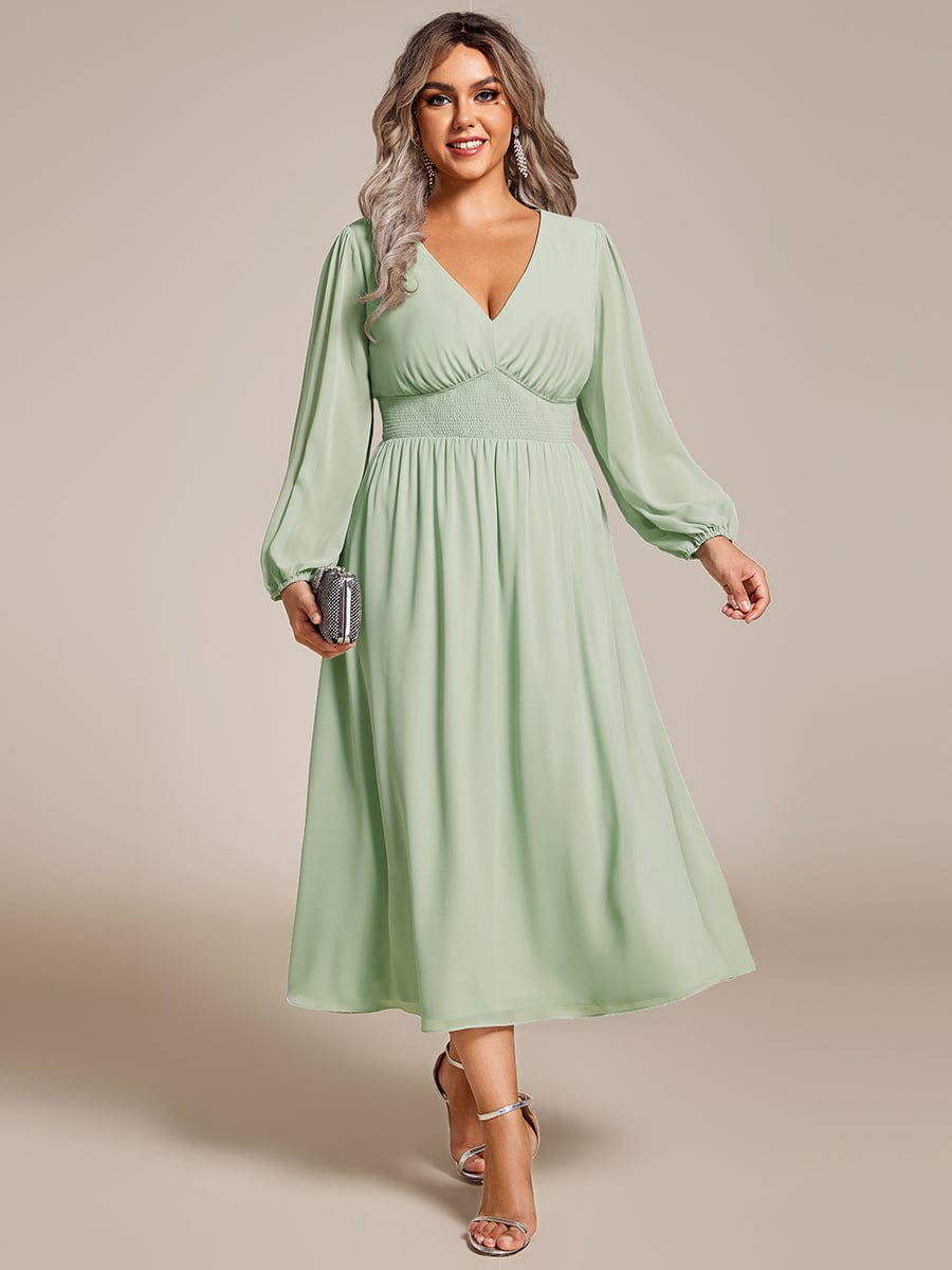 Plus Size Elegant V Neck Midi Wedding Guest Dress Long Sleeves A Line Chiffon Ever Pretty UK