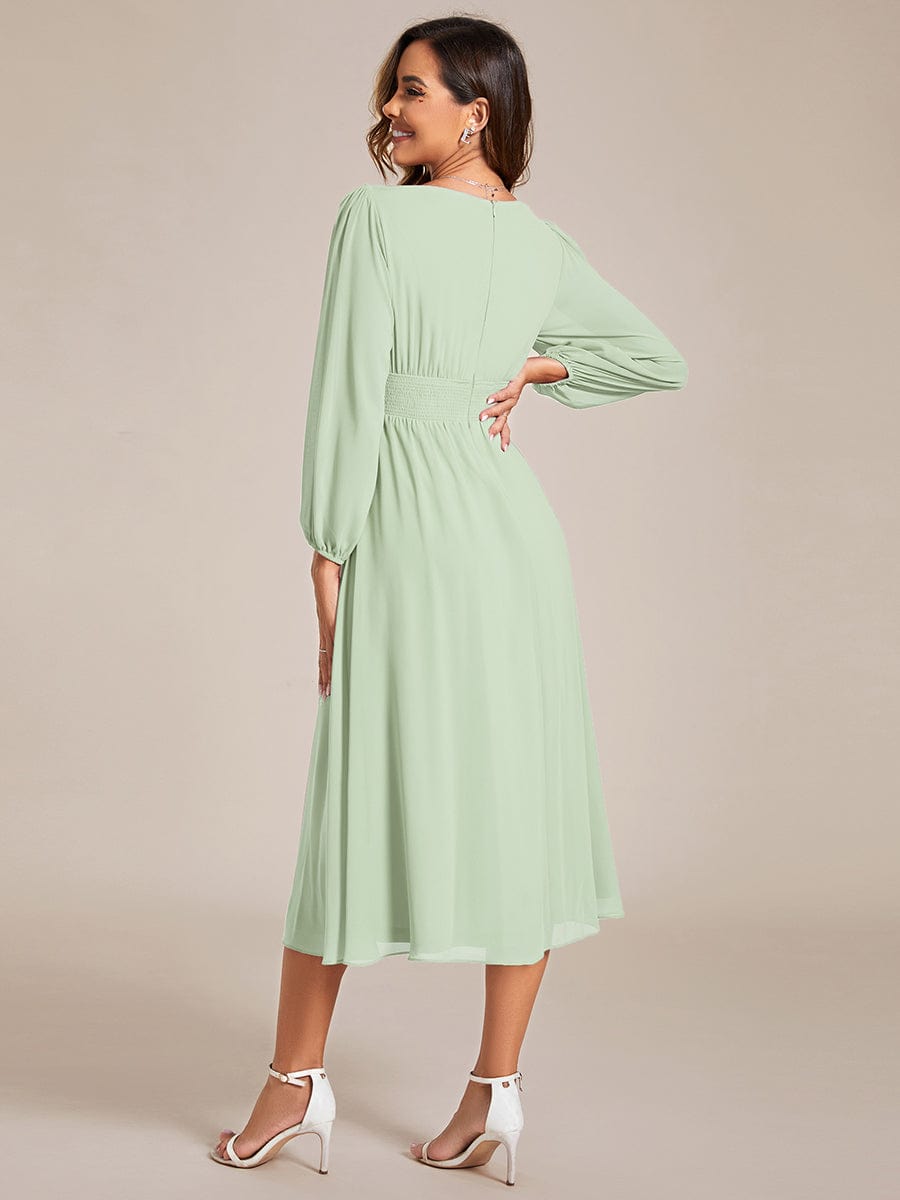 Elegant V Neck Long Sleeves Midi Wedding Guest Dress #color_Mint Green