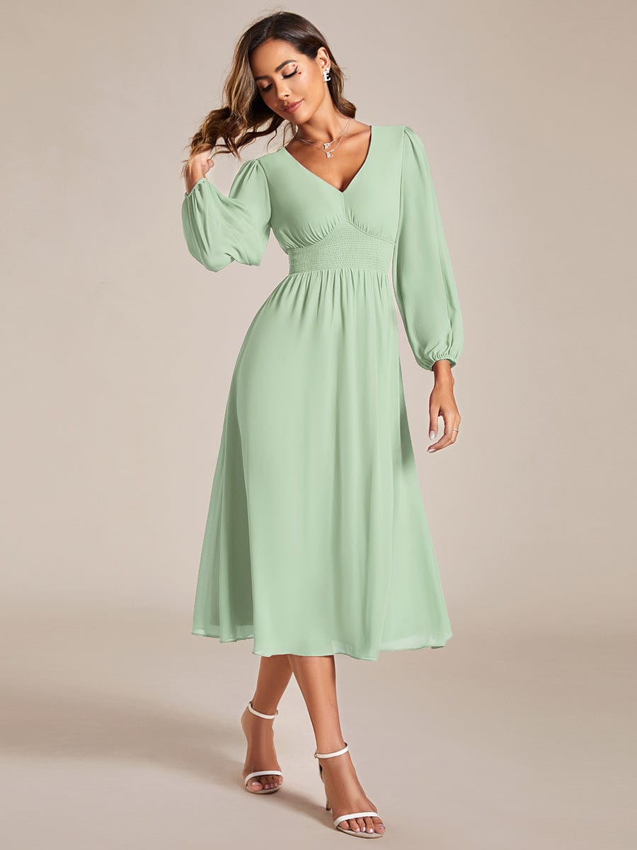 Elegant V Neck Long Sleeves Midi Wedding Guest Dress #color_Mint Green