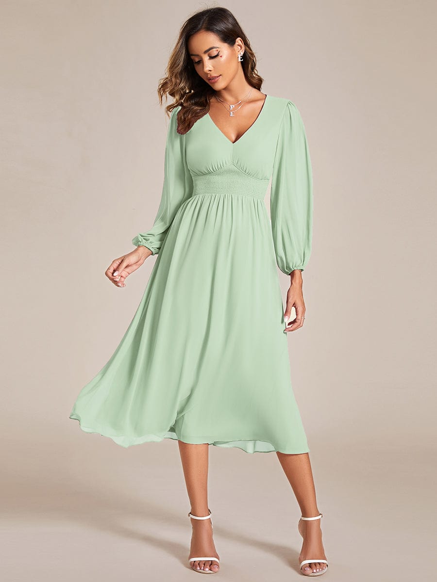 Elegant V Neck Long Sleeves Midi Wedding Guest Dress #color_Mint Green