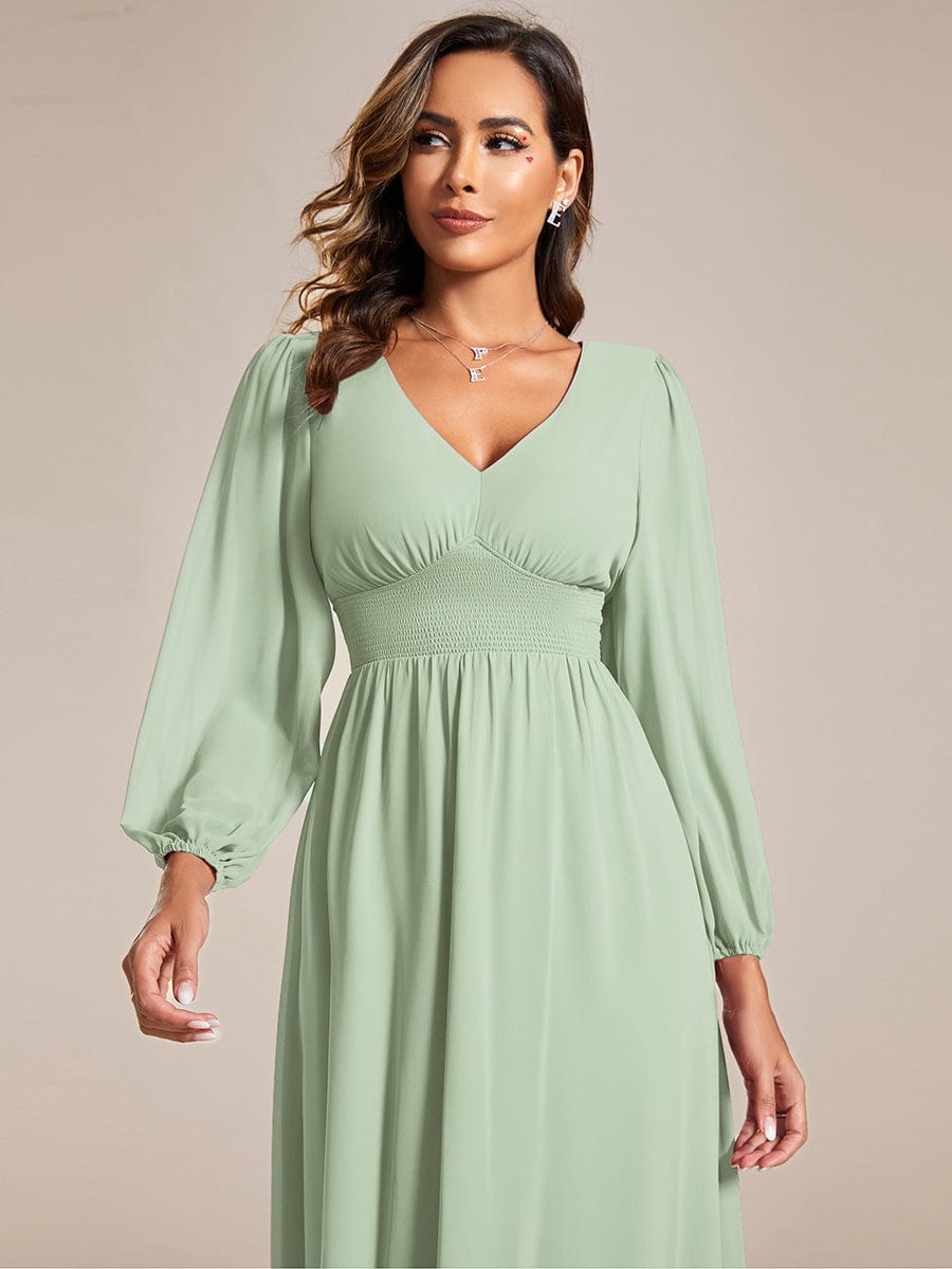 Elegant V Neck Long Sleeves Midi Wedding Guest Dress #color_Mint Green