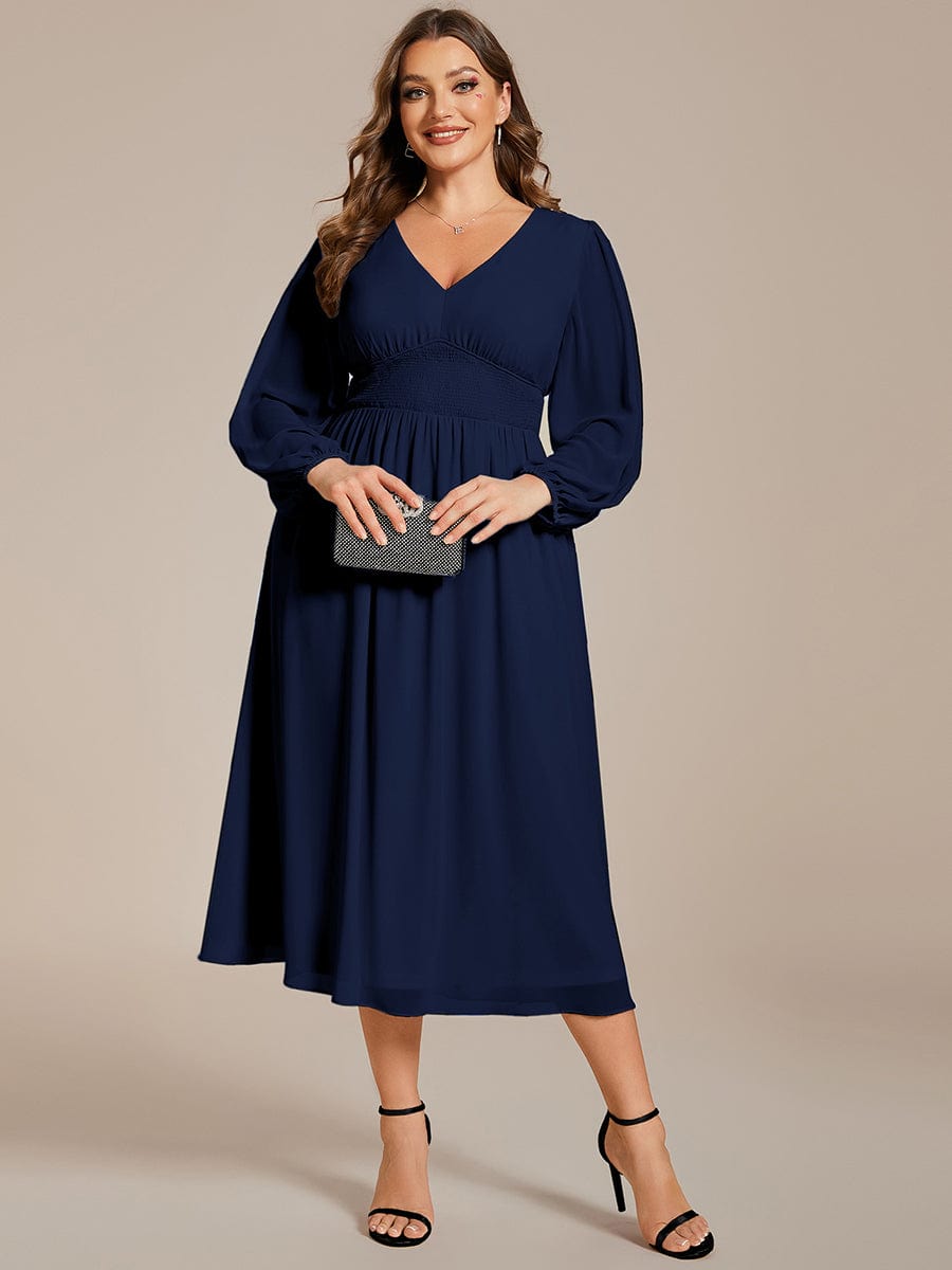 Plus Size Elegant V Neck Long Sleeves Midi Wedding Guest Dress #color_Navy Blue