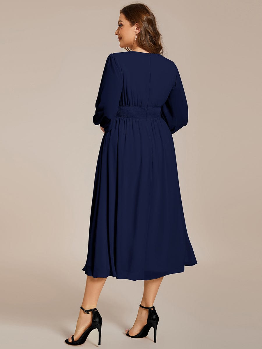 Plus Size Elegant V Neck Long Sleeves Midi Wedding Guest Dress #color_Navy Blue