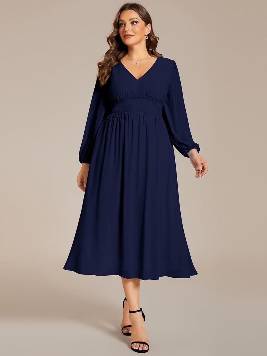 Plus Size Elegant V Neck Long Sleeves Midi Wedding Guest Dress #color_Navy Blue