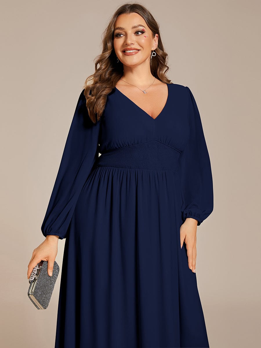 Plus Size Elegant V Neck Long Sleeves Midi Wedding Guest Dress #color_Navy Blue