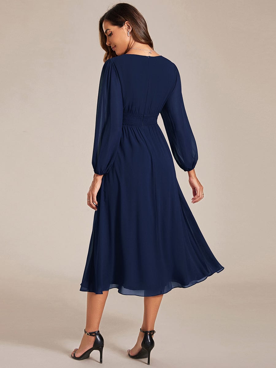 Elegant V Neck Long Sleeves Midi Wedding Guest Dress #color_Navy Blue