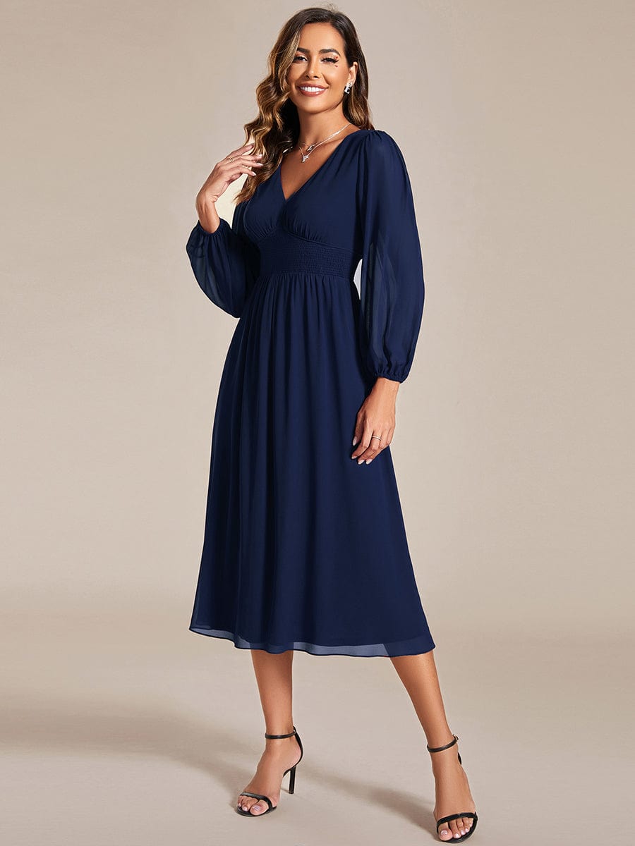 Elegant V Neck Long Sleeves Midi Wedding Guest Dress #color_Navy Blue