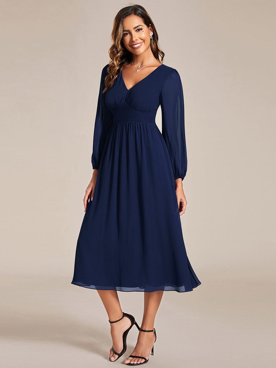 Elegant V Neck Long Sleeves Midi Wedding Guest Dress #color_Navy Blue