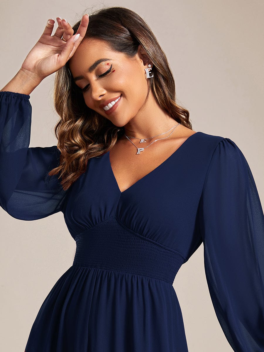 Elegant V Neck Long Sleeves Midi Wedding Guest Dress #color_Navy Blue