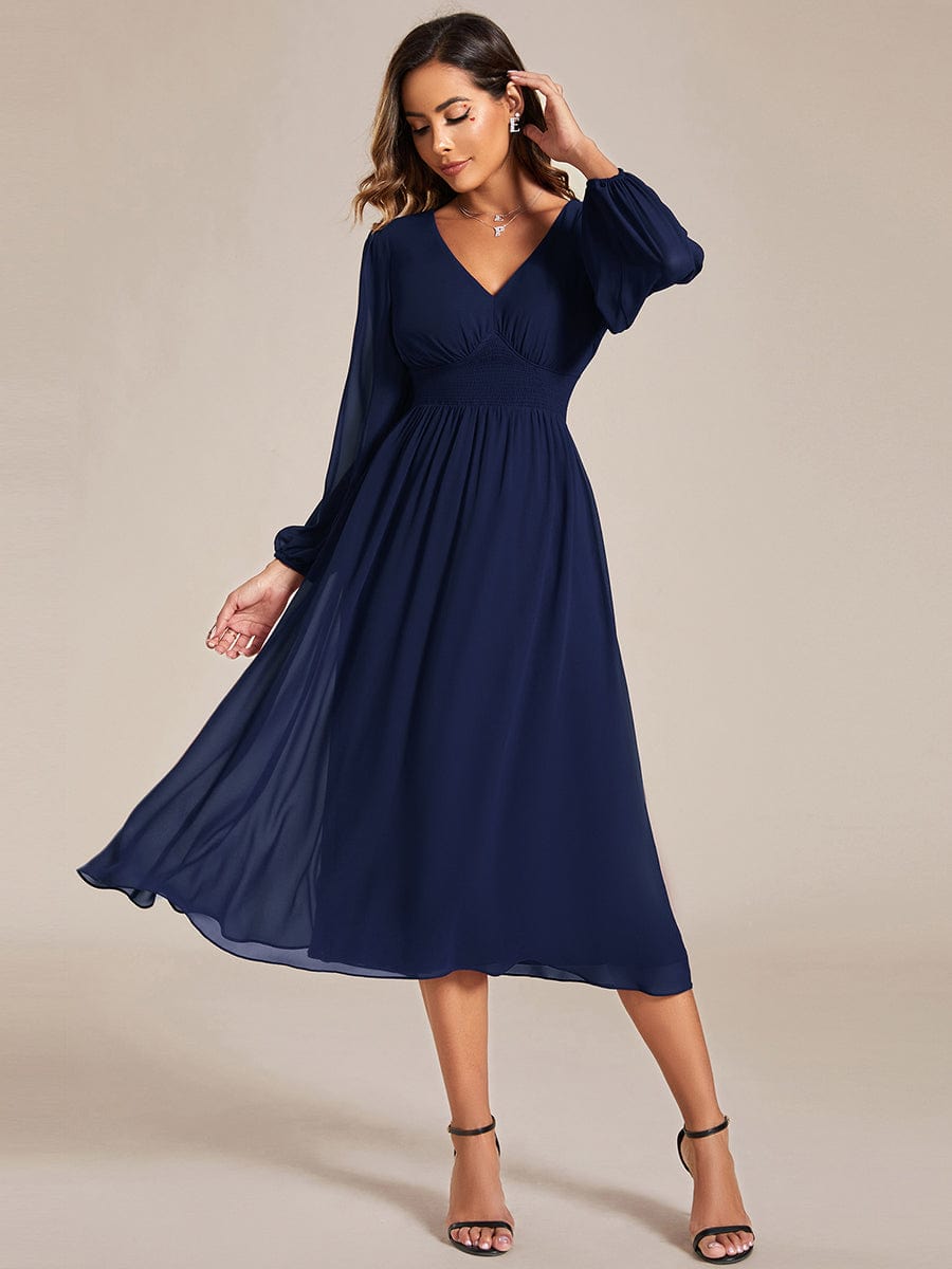 Elegant V Neck Long Sleeves Midi Wedding Guest Dress #color_Navy Blue