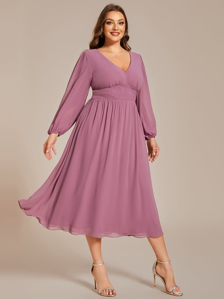 Plus Size Elegant V Neck Long Sleeves Midi Wedding Guest Dress #color_Purple Orchid