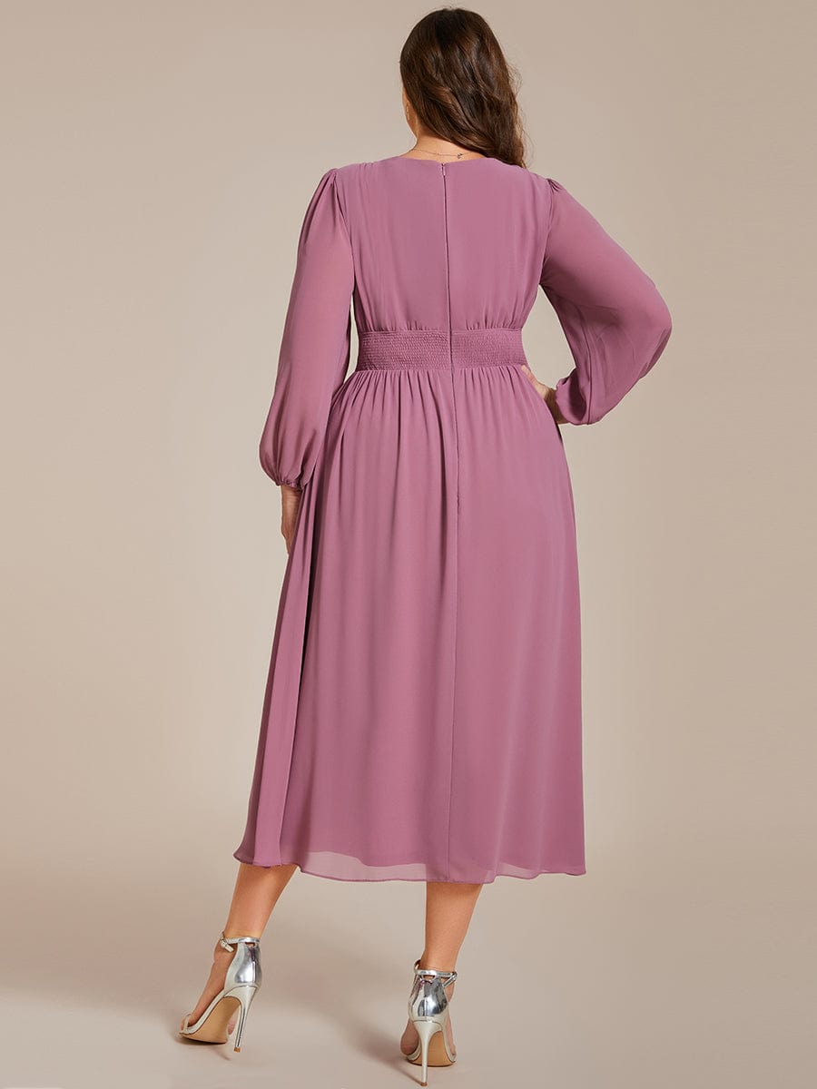 Plus Size Elegant V Neck Long Sleeves Midi Wedding Guest Dress #color_Purple Orchid