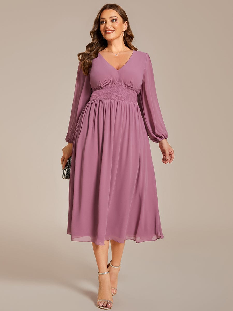 Plus Size Elegant V Neck Long Sleeves Midi Wedding Guest Dress #color_Purple Orchid