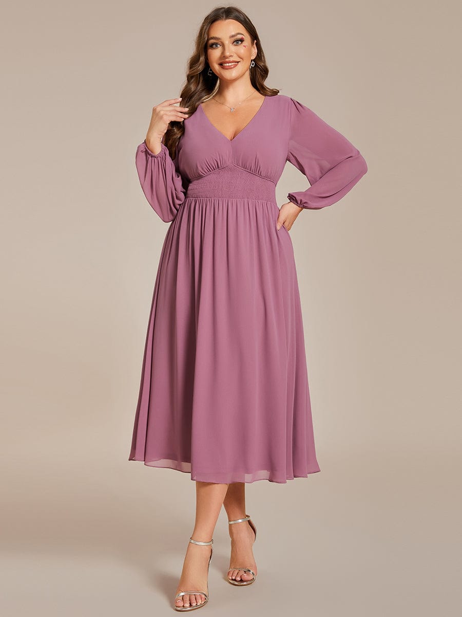 Plus Size Elegant V Neck Long Sleeves Midi Wedding Guest Dress #color_Purple Orchid