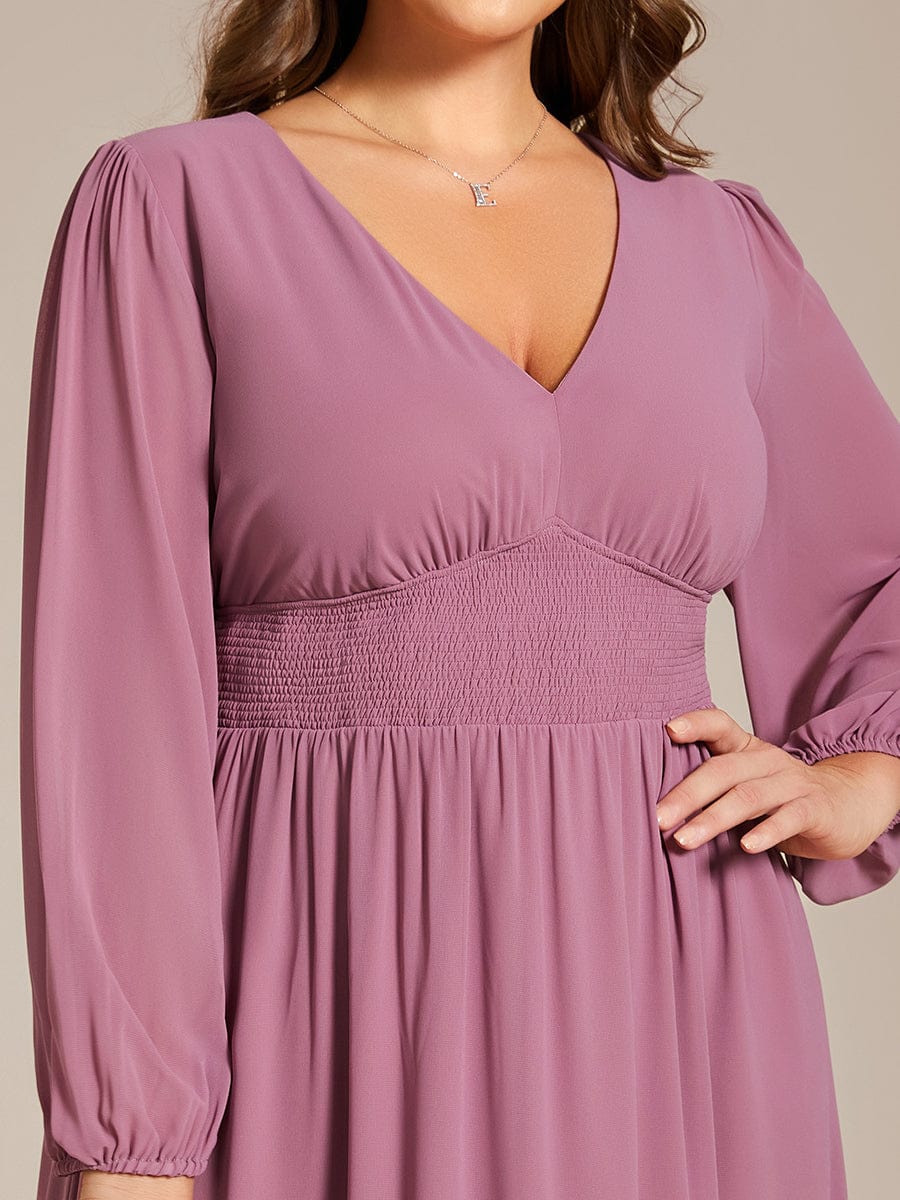 Plus Size Elegant V Neck Long Sleeves Midi Wedding Guest Dress #color_Purple Orchid