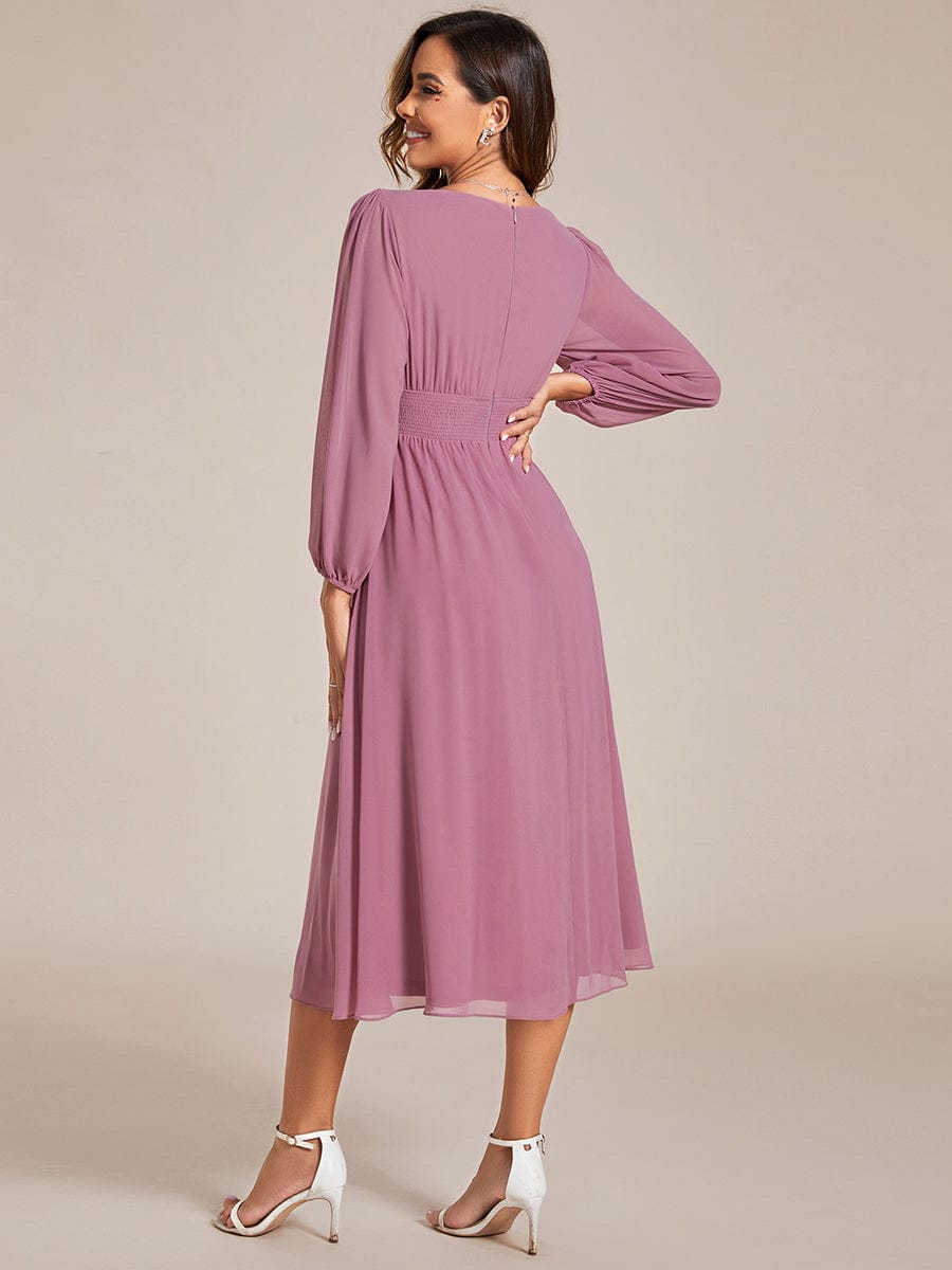 Elegant V Neck Long Sleeves Midi Wedding Guest Dress #color_Purple Orchid