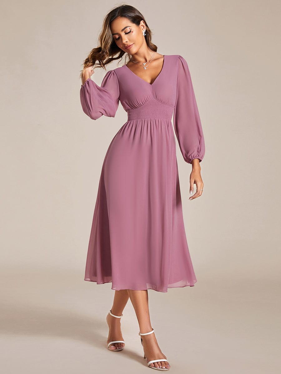 Elegant V Neck Long Sleeves Midi Wedding Guest Dress #color_Purple Orchid