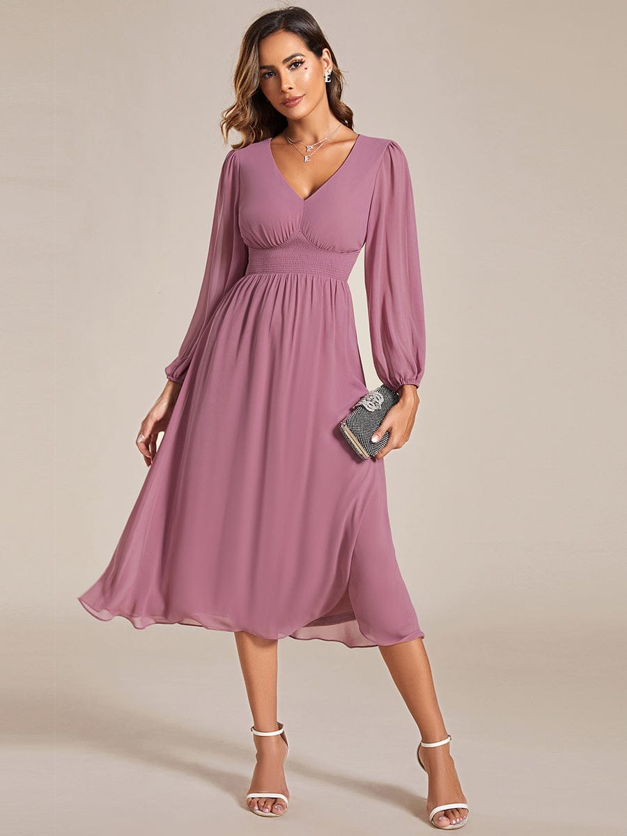 Elegant V Neck Long Sleeves Midi Wedding Guest Dress #color_Purple Orchid