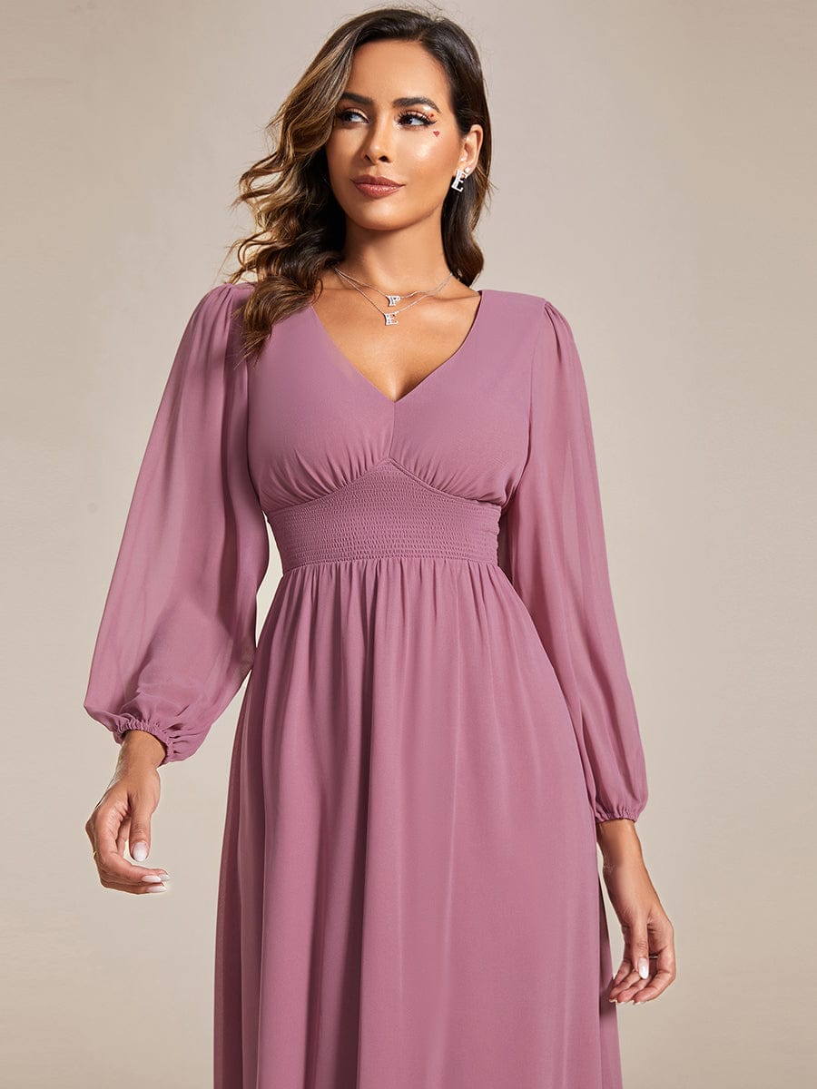 Elegant V Neck Long Sleeves Midi Wedding Guest Dress #color_Purple Orchid