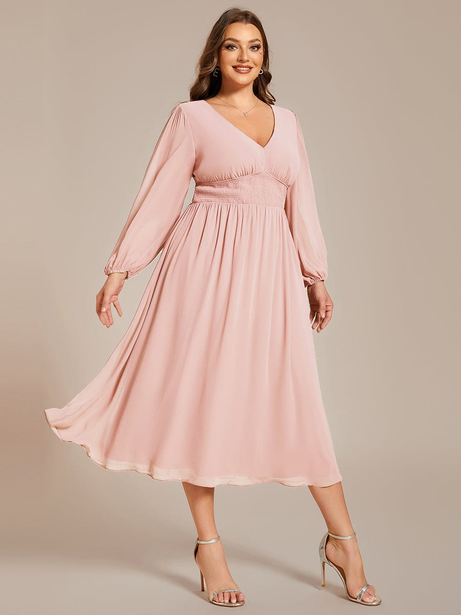 Plus Size Elegant V Neck Long Sleeves Midi Wedding Guest Dress #color_Pink