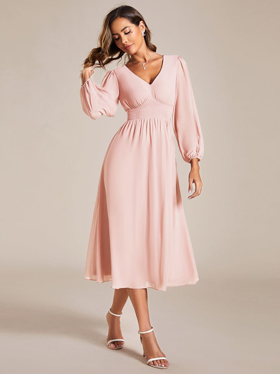 Elegant V Neck Long Sleeves Midi Wedding Guest Dress #color_Pink