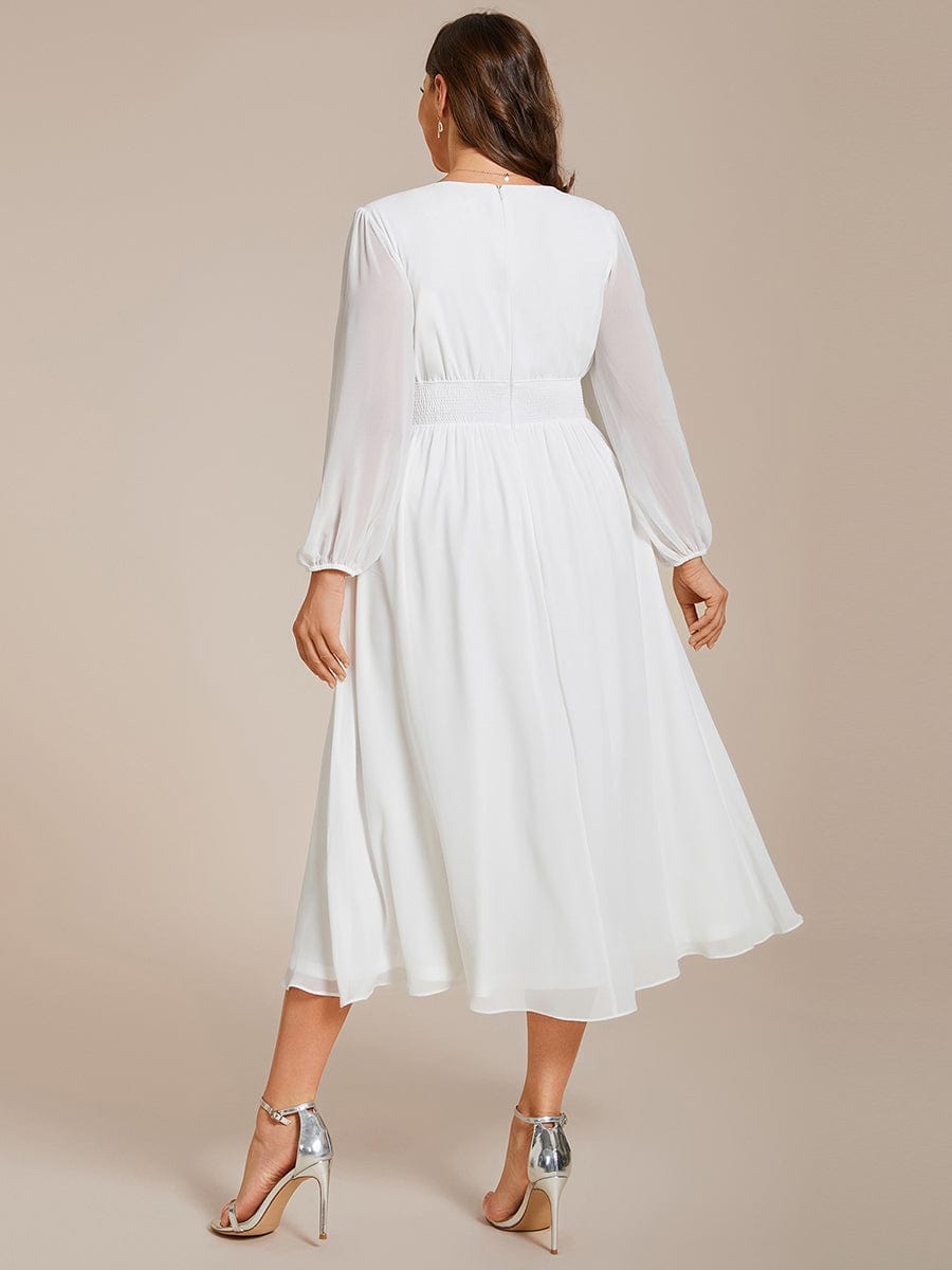 Elegant V Neck Long Sleeves Midi Wedding Guest Dress #color_White