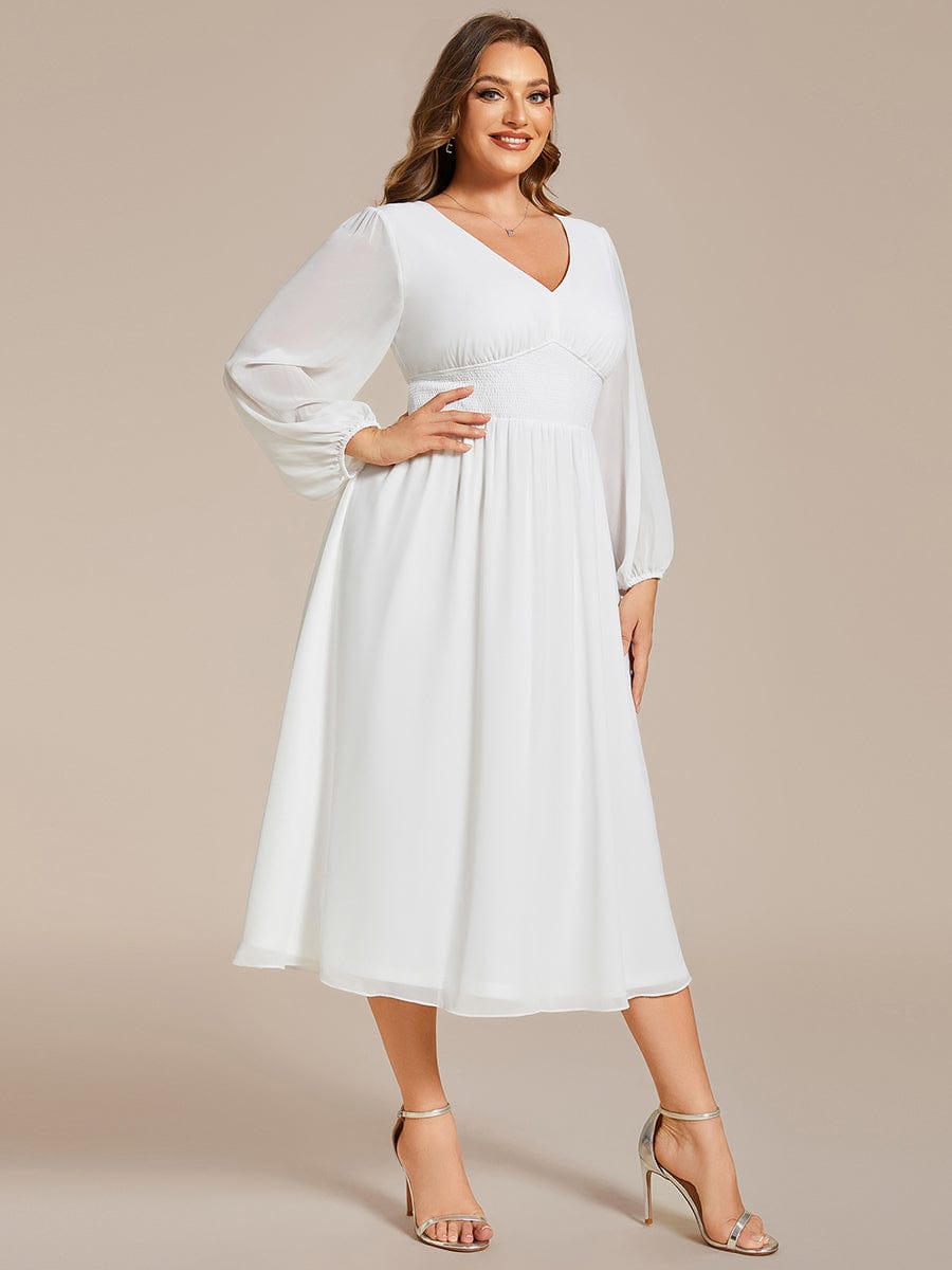 Plus Size Elegant V Neck Long Sleeves Midi Wedding Guest Dress #color_White