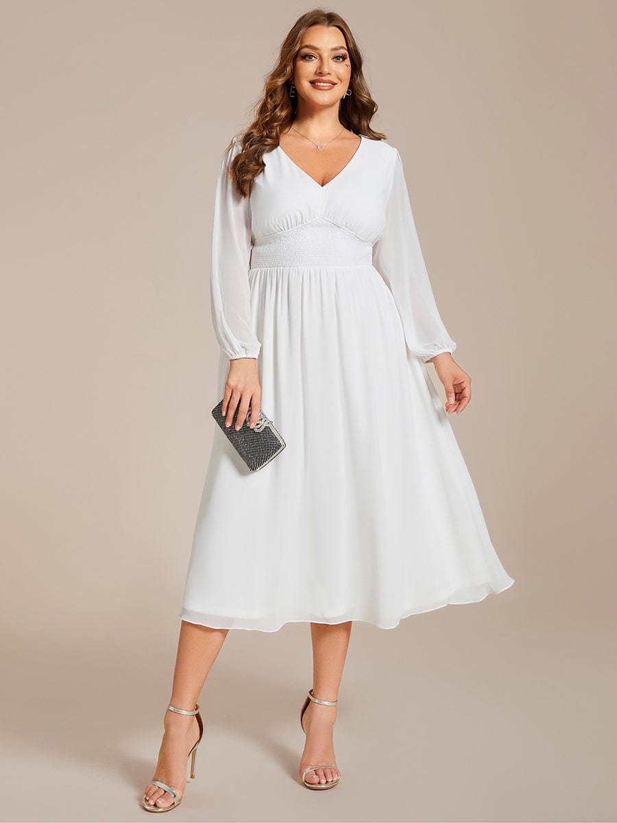 Plus Size Elegant V Neck Long Sleeves Midi Wedding Guest Dress #color_White