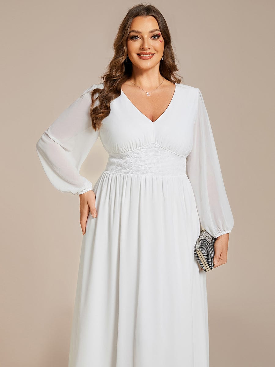 Plus Size Elegant V Neck Long Sleeves Midi Wedding Guest Dress #color_White