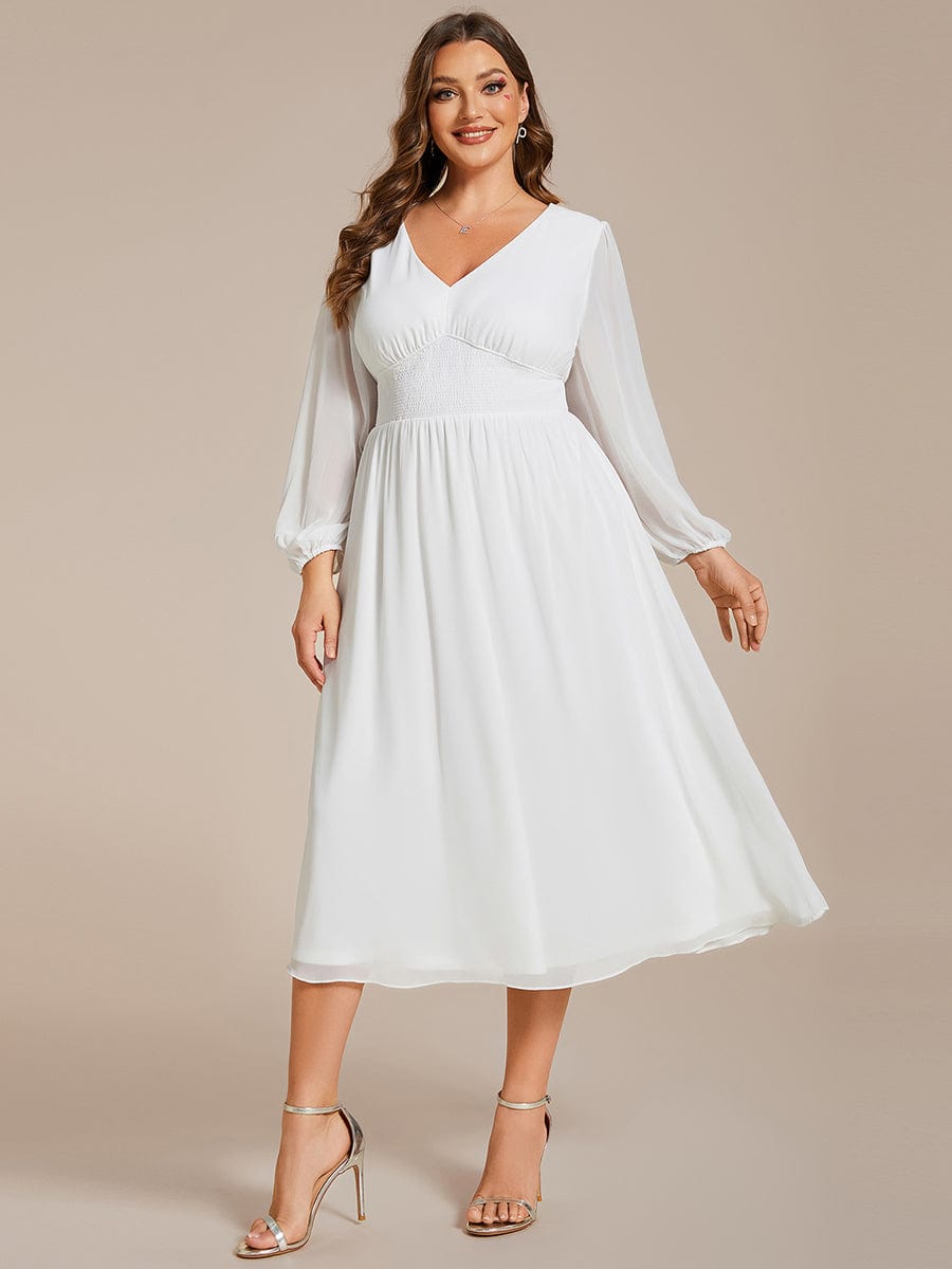 Elegant V Neck Long Sleeves Midi Wedding Guest Dress #color_White