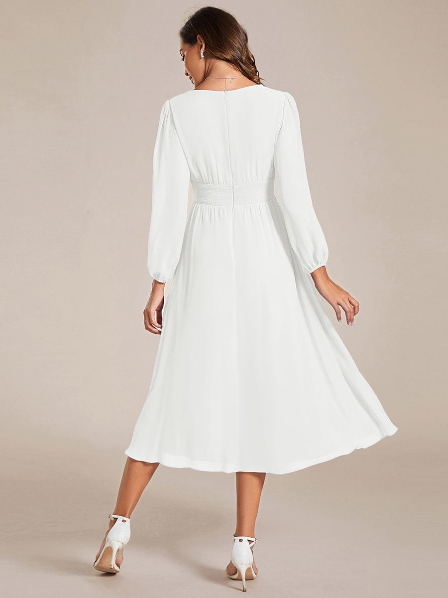 Elegant V Neck Long Sleeves Midi Wedding Guest Dress #color_White