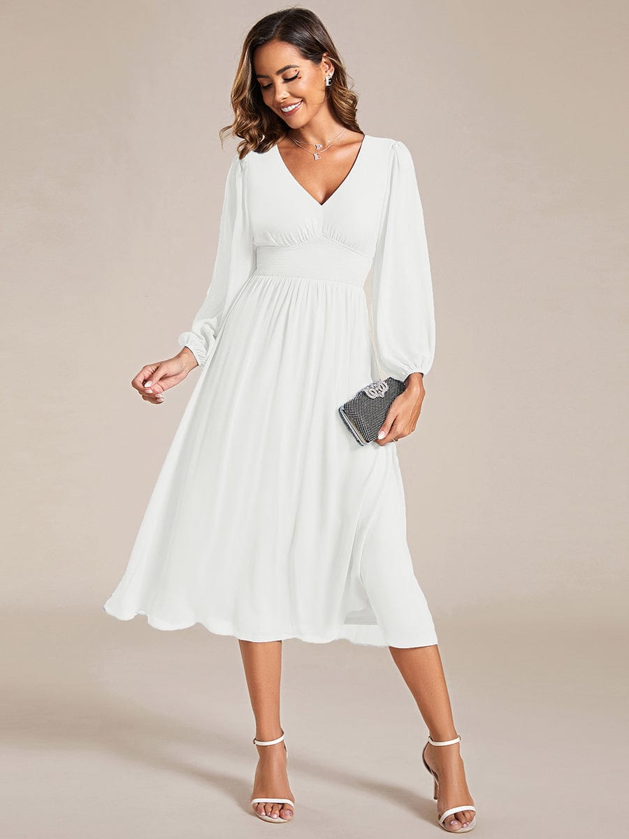 Elegant V Neck Long Sleeves Midi Wedding Guest Dress #color_White