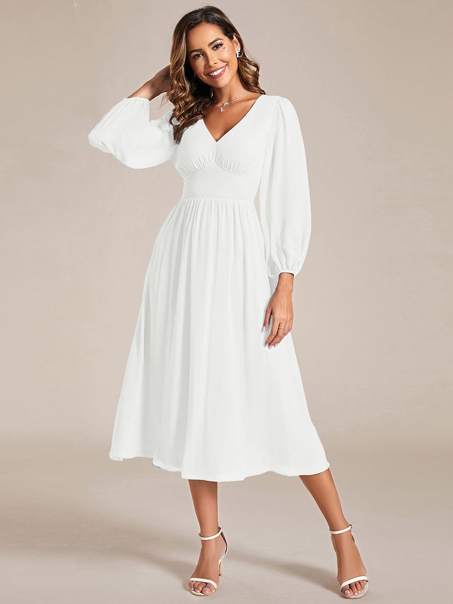 Elegant V Neck Long Sleeves Midi Wedding Guest Dress #color_White