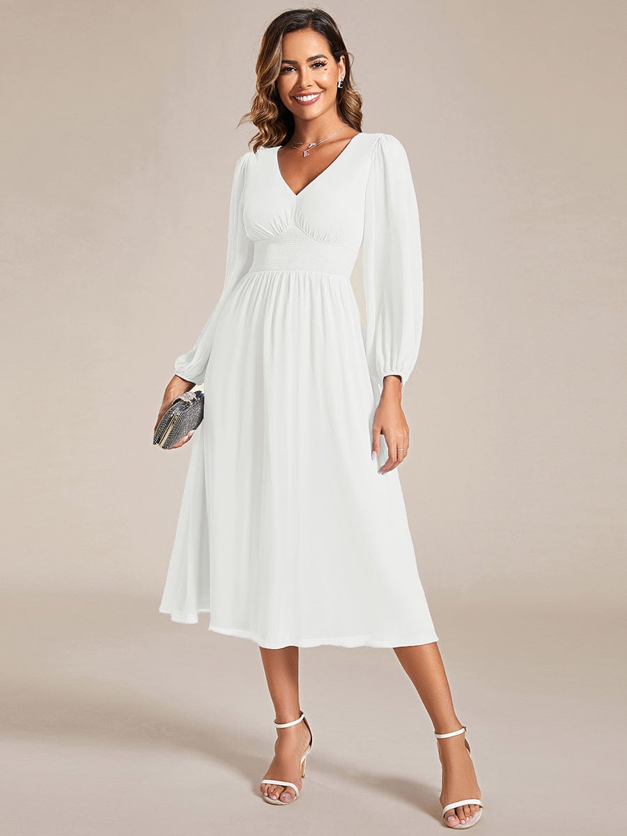 Elegant V Neck Long Sleeves Midi Wedding Guest Dress #color_White