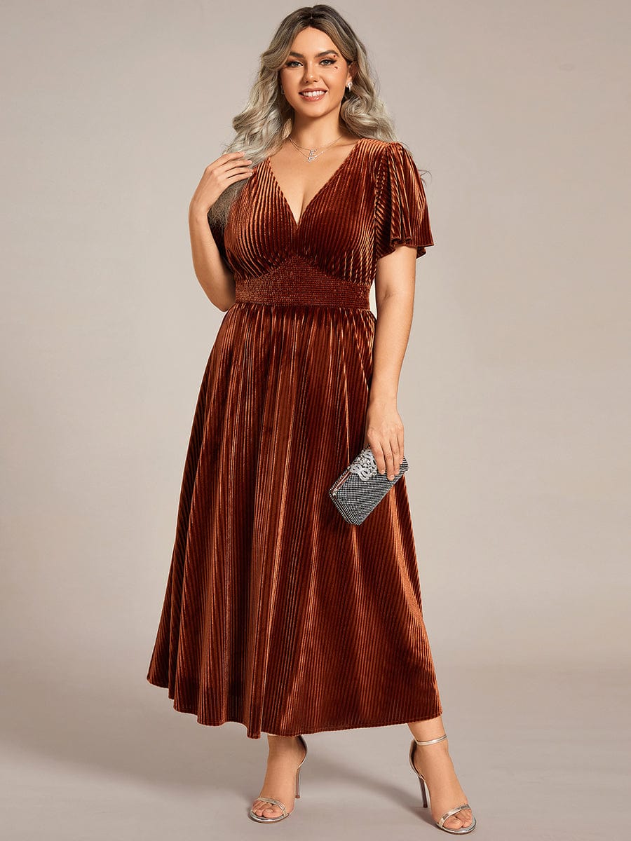 Plus Size A-line V-Neck Short Sleeve Velvet Wedding Guest Dress #color_Caramel