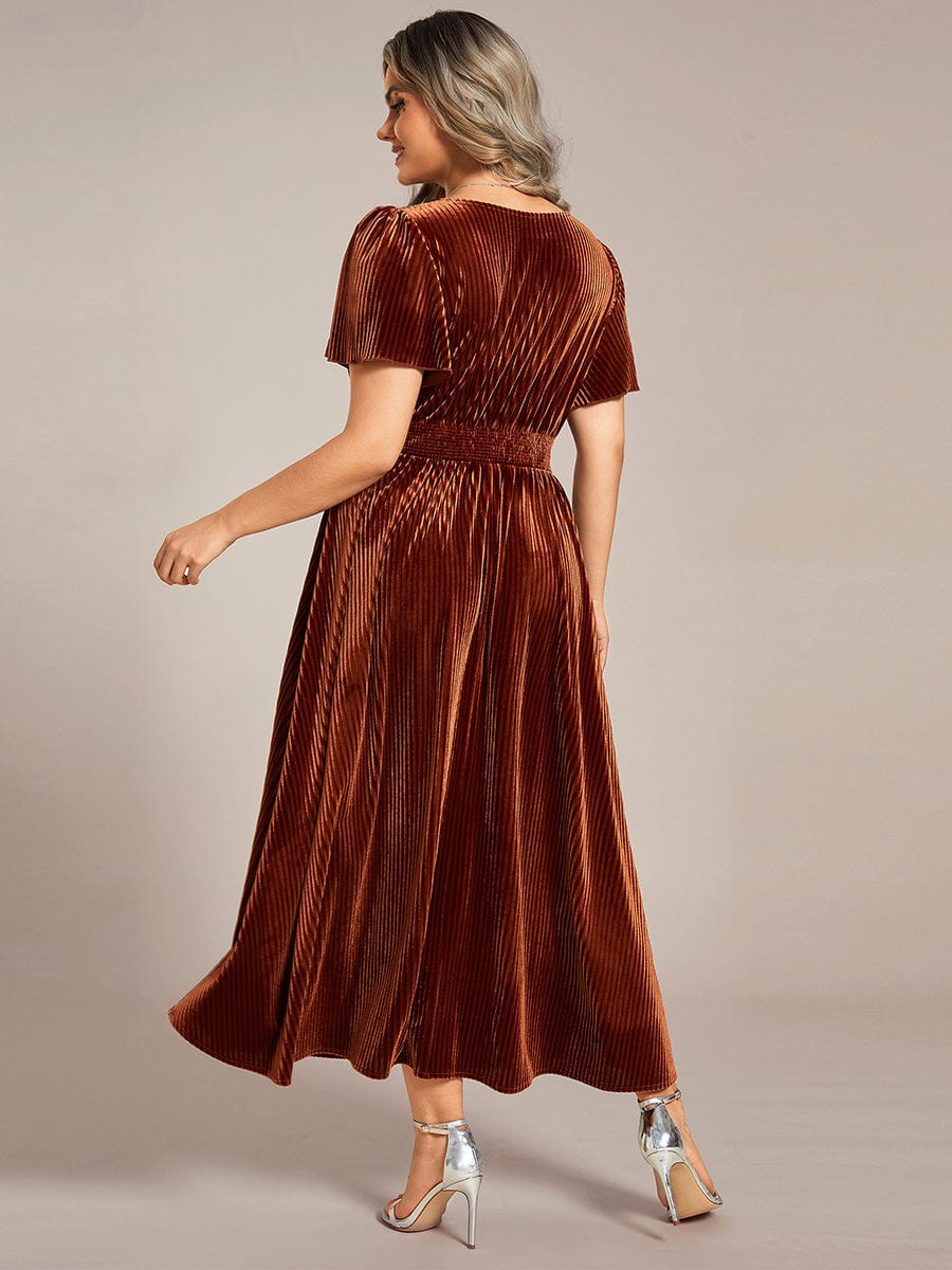 Striped Velvet Flutter Sleeves V-Neck Midi Wedding Guest Dress #color_Caramel