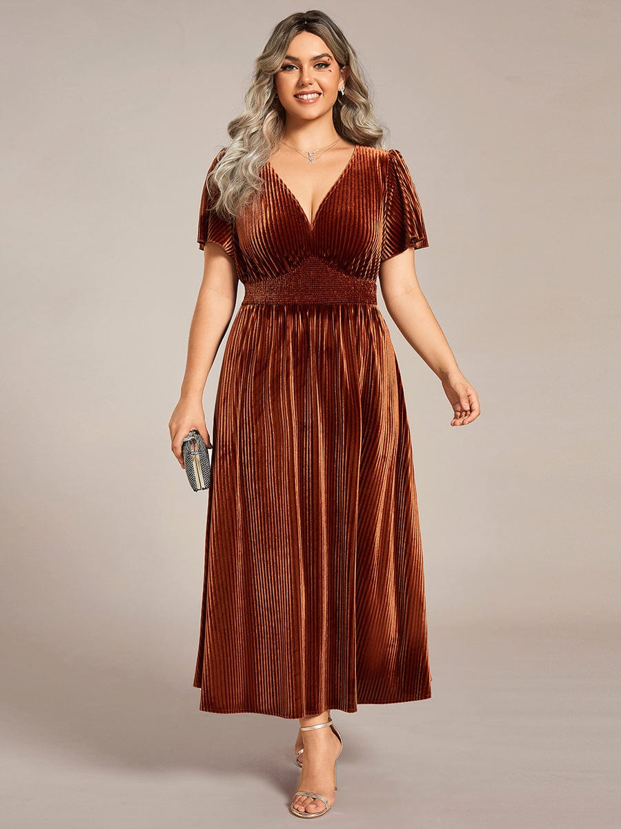 Striped Velvet Flutter Sleeves V-Neck Midi Wedding Guest Dress #color_Caramel