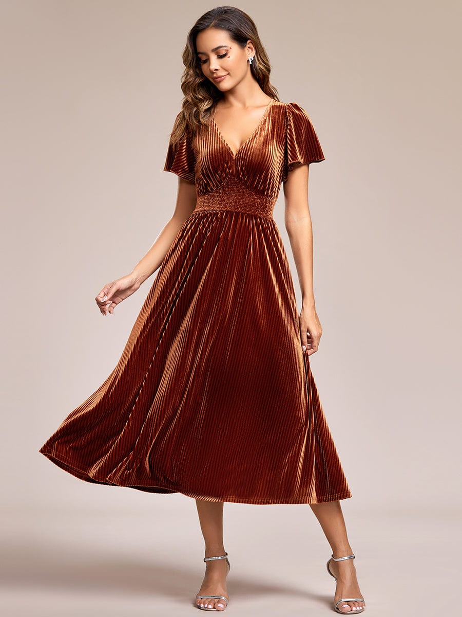 Striped Velvet Flutter Sleeves V-Neck Midi Wedding Guest Dress #color_Caramel