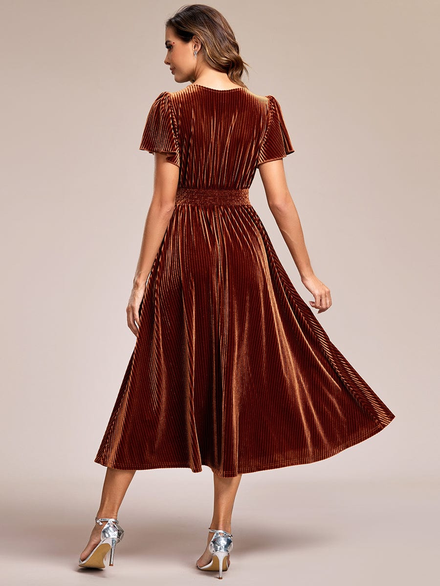 Striped Velvet Flutter Sleeves V-Neck Midi Wedding Guest Dress #color_Caramel