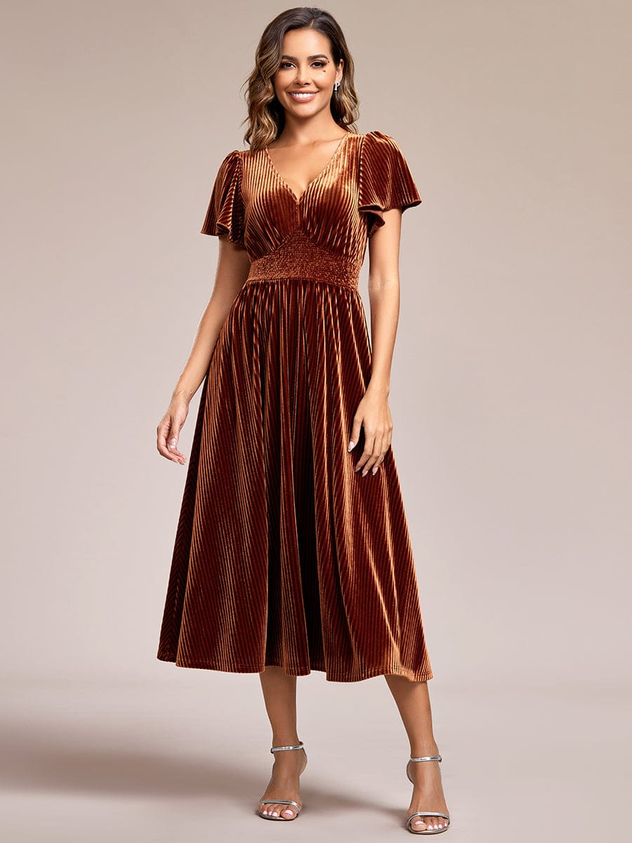 Striped Velvet Flutter Sleeves V-Neck Midi Wedding Guest Dress #color_Caramel