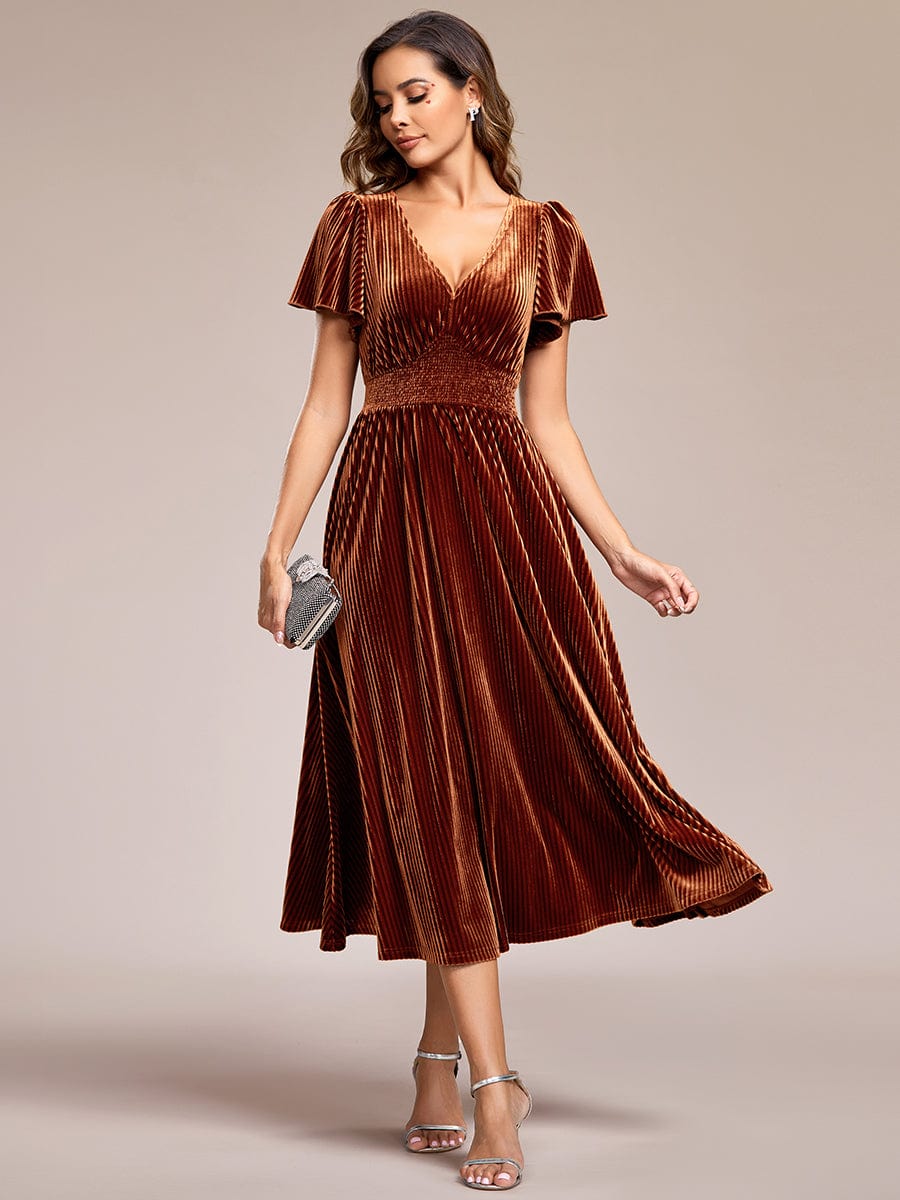 Striped Velvet Flutter Sleeves V-Neck Midi Wedding Guest Dress #color_Caramel