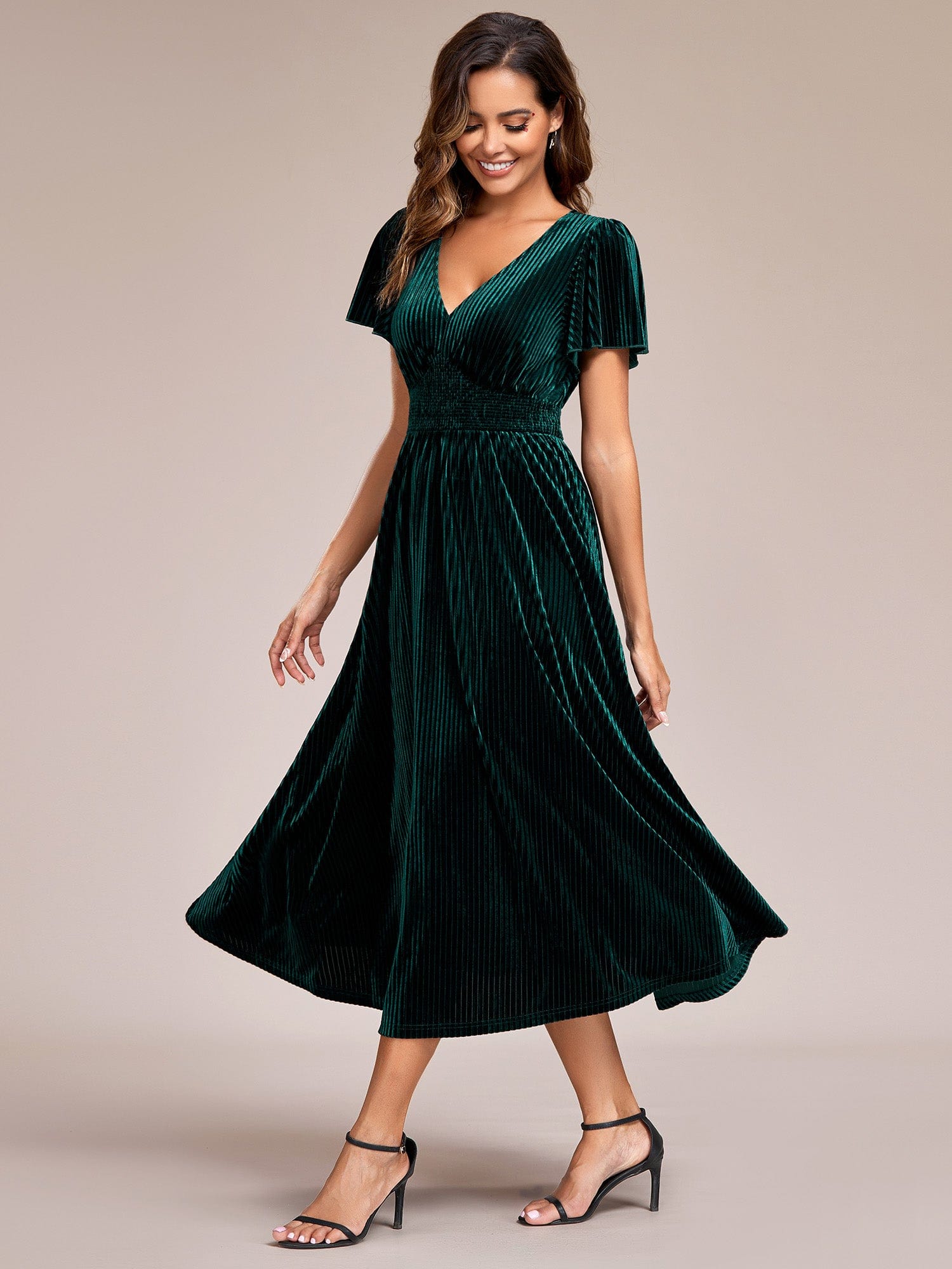 Striped Velvet Flutter Sleeves V-Neck Midi Wedding Guest Dress #color_Dark Green